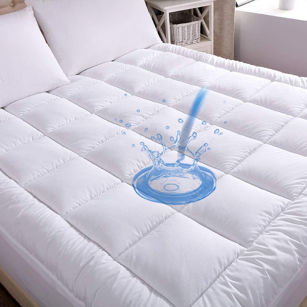 Whatsbedding Cotton Waterproof Mattress Pad Queen Size Top Down Alternative Filling Pillowtop Mattress Topper Cover-Fitted Quilt